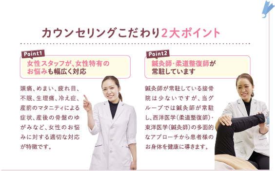 カウンセリングのこだわり２大ポイント：ポイント1.女性スタッフが、女性特有のお悩みも幅広く対応。ポイント2.鍼灸師・柔道整復師が常駐しています。