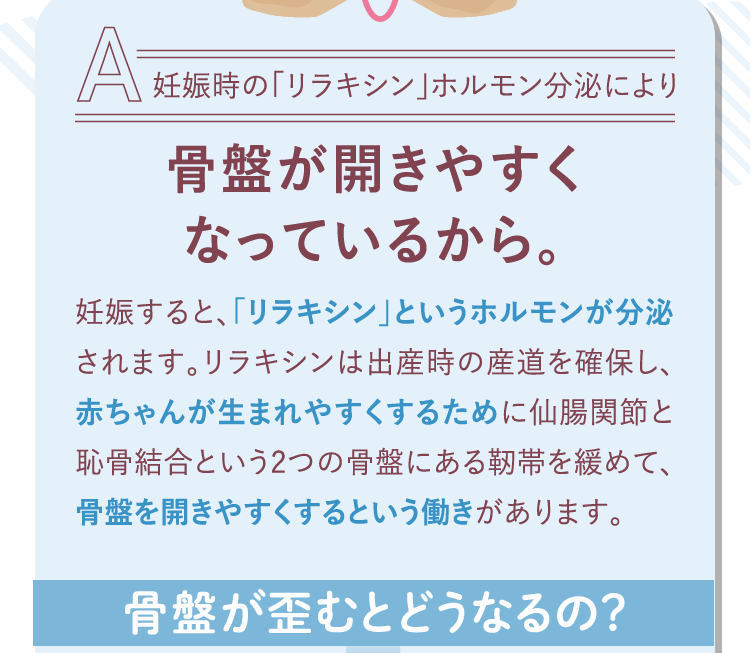 妊娠時の「リラキシン」ホルモン分泌により骨盤が開きやすくなっているから。